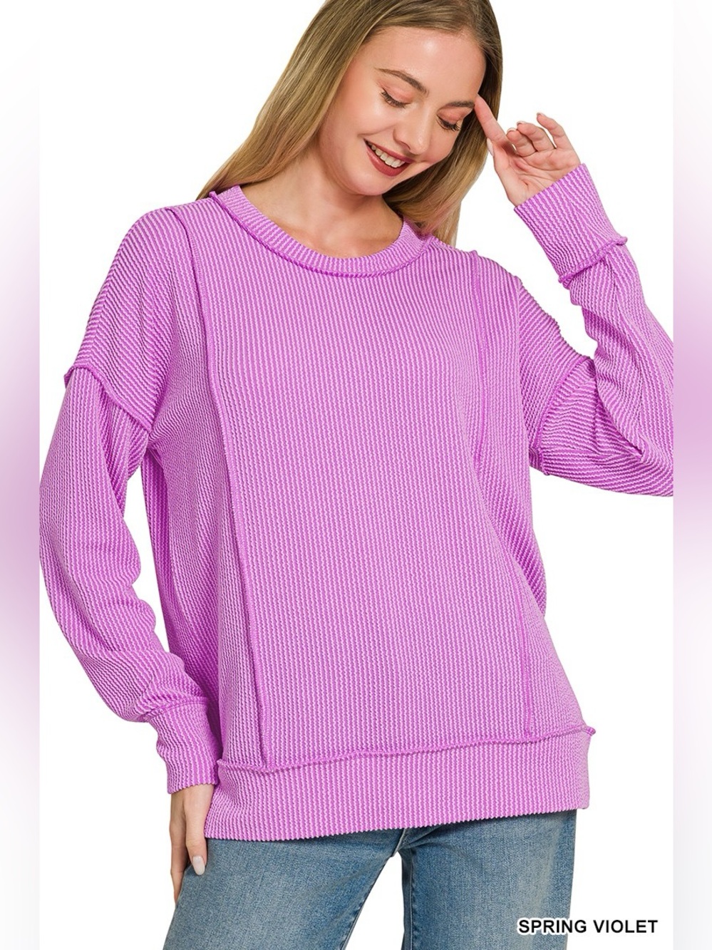 Zenana Corded Rib Long Sleeve Round Neck Top – Jade – Size Medium🛍️